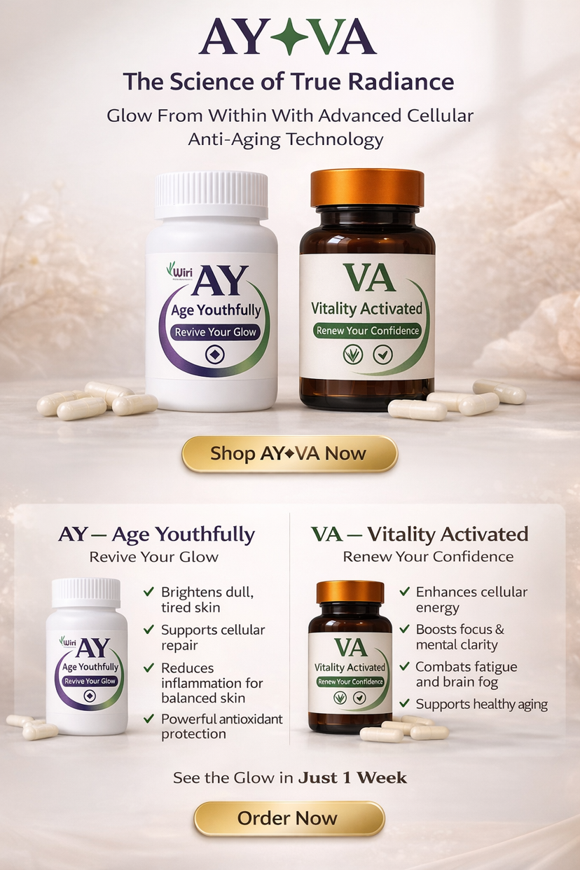 AY✦VA both bottles — AY white bottle and VA brown bottle side by side with scattered capsules and tablets on soft beige background