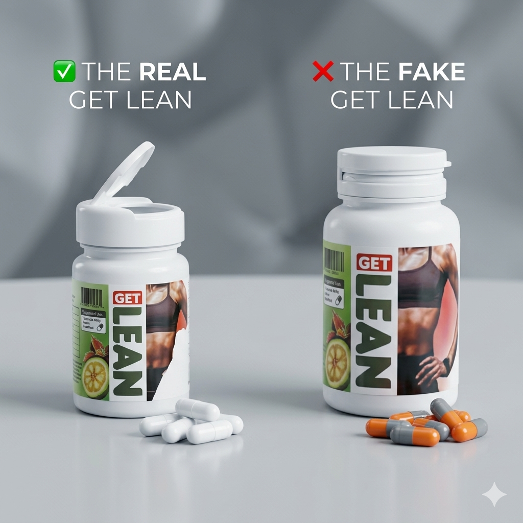 THE REAL GET LEAN vs THE FAKE GET LEAN — small flip-lid bottle with white capsules labeled REAL with green checkmark on left, large round-lid bottle with orange and grey capsules labeled FAKE with red X on right, grey background