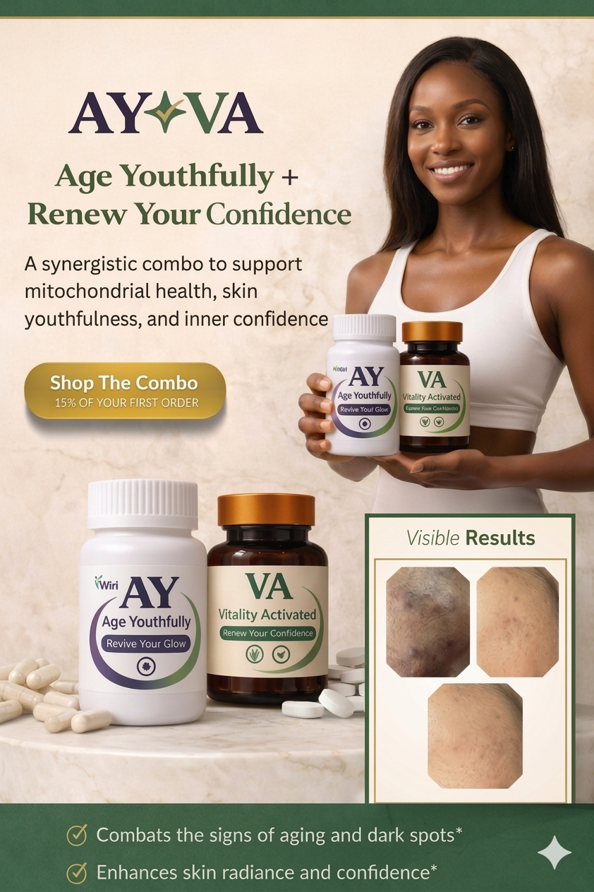 Black woman in white top holding AY white bottle and VA amber bottle — AY✦VA Age Youthfully lifestyle image