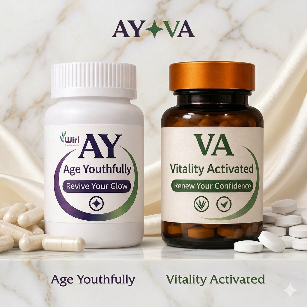 AY✦VA premium cellular renewal system — AY white bottle and VA amber copper-lid bottle on warm cream background with subtle gold accents
