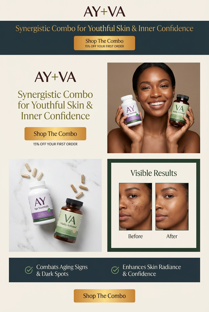AY✦VA Premium Landing Page — AY+VA logo at top, model holding both bottles, product flatlay bottom-left, Visible Results before and after panel bottom-right, benefits bar, and Shop The Combo CTA at bottom